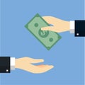 Businessman giving or offering money to another hand - Vector Fl Royalty Free Stock Photo