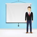 Businessman Giving Presentation With Projector Screen White Board. Presentation Concept Vector Illustration.