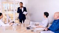 Businessman giving presentation to 3 board member in conference room Royalty Free Stock Photo