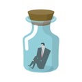 Businessman in glass jar. Boss in bottle. Desperate situations.