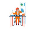 Businessman with glasses and orange suit sitting at desk talking on telephone. Cartoon professional male in office