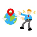 businessman and world globe position marker cartoon doodle flat design style