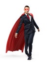 A businessman with glowing eyes wearing superman red cape and a mask walking unsteady on white background.