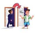 Businessman go away from the busy office to the vacation on holiday in the same door - vector