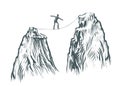 Businessman goes on a tightrope in the mountains. Business concept, sketch vector