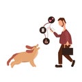 Businessman goes to work with a dog and talking on the phone, men flat vector icon on a white background