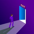 Businessman going exit door sign, emergency. Business solution or exit strategy concept. Leaving the office building