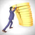 Businessman gold coins stack shows great business profits - 3d illustration