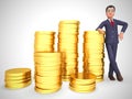 Businessman gold coins stack shows great business profits - 3d illustration