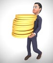 Businessman gold coins stack shows great business profits - 3d illustration