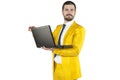 Businessman in a gold suit is a leader in your company