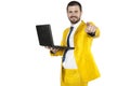 Businessman in a golden suit pointing at you