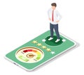 Businessman good credit score report, history on mobile, vector isometric illustration. Personal credit rating online.