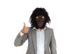 Businessman with gorilla head gesturing