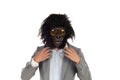 Businessman with gorilla head gesturing