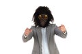 Businessman with gorilla head gesturing