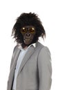 Businessman with gorilla head gesturing