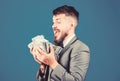 Businessman got cash money. Gain real money. Richness and wellbeing concept. Cash transaction business. Easy cash loan Royalty Free Stock Photo