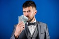 Businessman got cash money. Richness and wellbeing concept. Get cash money easy and quickly. Smell of money. Easy cash Royalty Free Stock Photo