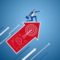 Businessman on growth arrow graph with icons pointing finger and looking for success, opportunities, future business trends. Royalty Free Stock Photo