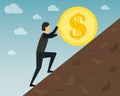 A businessman in the guise of Sisyphus is pushing a gold coin up the hill. Dollar sign. Success, goal, perseverance, leadership.