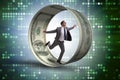 The businessman in hamster wheel chasing dollars