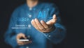Businessman hand commands artificial intelligence via prompt for content creation, generative AI on a futuristic virtual interface Royalty Free Stock Photo