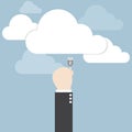 Businessman hand connecting cable to the cloud, Cloud computing