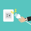 Businessman hand connecting electric plug with electricity spark icon vector illustration in flat style Royalty Free Stock Photo