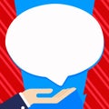 Businessman Hand Doing the Donation Sign Icon. Palm Up in Supine Position under Round Blank White Speech Bubble