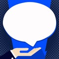 Businessman Hand Doing the Donation Sign Icon. Palm Up in Supine Position under Round Blank White Speech Bubble