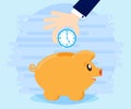 Businessman hand down clock in pig piggybank. Business concept. Time more than money. Time is an investment. Flat style