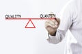 Businessman hand drawing Quality and Quantity balance - Business Royalty Free Stock Photo
