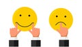 Businessman hand finger stretch pull on mouth lips on smiley face smile and sad emotion like rating. Online feedback Royalty Free Stock Photo