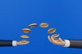 Businessman hand giving coin to another hand, buy sell donate concept, 3D rendering