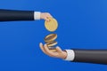 Businessman hand giving coin to another hand, buy sell donate concept, 3D rendering