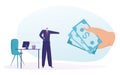Businessman hand hold cash money dollar, government employee anti corruption process flat vector illustration, isolated