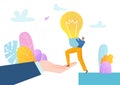 Businessman hand hold huge bulb light, tiny business character creative brilliant idea flat vector illustration