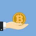 Businessman hand holding Bitcoin Icon, Flat style Vector Illustration Royalty Free Stock Photo