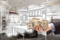 Businessman Hand Holding Cash Over Kitchen Design Drawing and Photo Combinat Royalty Free Stock Photo