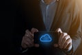 Businessman hand holding cloud computing concept in palm. Backup Storage Data Internet, networking and digital, Share global, and Royalty Free Stock Photo