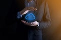 Businessman hand holding cloud computing concept in palm. Backup Storage Data Internet, networking and digital, Share global, and Royalty Free Stock Photo