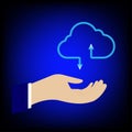 Businessman hand holding cloud technology transfer data information and upload download