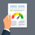 Businessman hand holding credit history finance document with score indicator. Mortgage approval vector concept