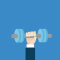 Businessman hand holding dumbell. Sport Fitness equipment icon. Healthy lifestyle concept. Flat design. Blue background. Isolated