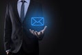 Businessman hand holding e-mail icon, Contact us by newsletter email and protect your personal information from spam mail. Royalty Free Stock Photo