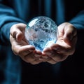 Businessman hand holding a glass ball,Globes on the human hands ,AI generated Royalty Free Stock Photo