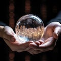Businessman hand holding a glass ball,Globes on the human hands ,AI generated Royalty Free Stock Photo
