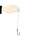 Businessman hand holding hook. Phishing, danger business contract trap