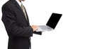 Businessman hand holding laptop in blur supermarket Royalty Free Stock Photo